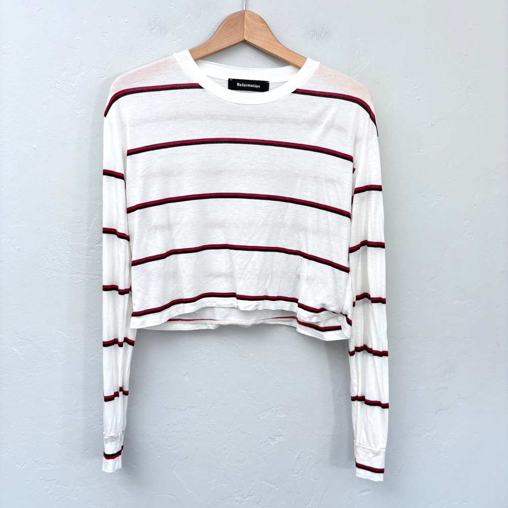 Reformation Striped Crop Top Women Size Large White Long Sleeve